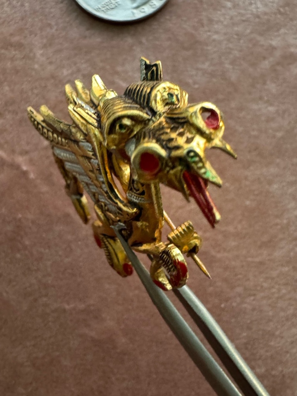 🐉 Vintage Spain Damascene Dragon Brooch Gold Tone Red Enamel Statement Pin - Picture 3 of 7